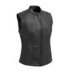 Black top-grain genuine leather women Vest
